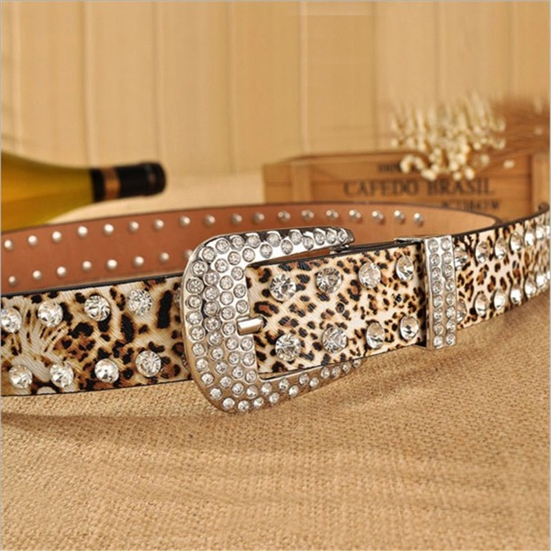 Pin Buckle Luxury Rhinestones Leopard Belt